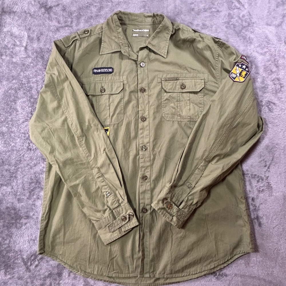 Ecko Unltd Mens XL Military Patch Button Down Shirt Olive Green Long Sleeve EU72